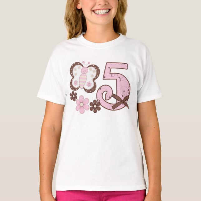 Rosa Schmetterling 5. Geburtstag T-Shirt (Vorderseite)