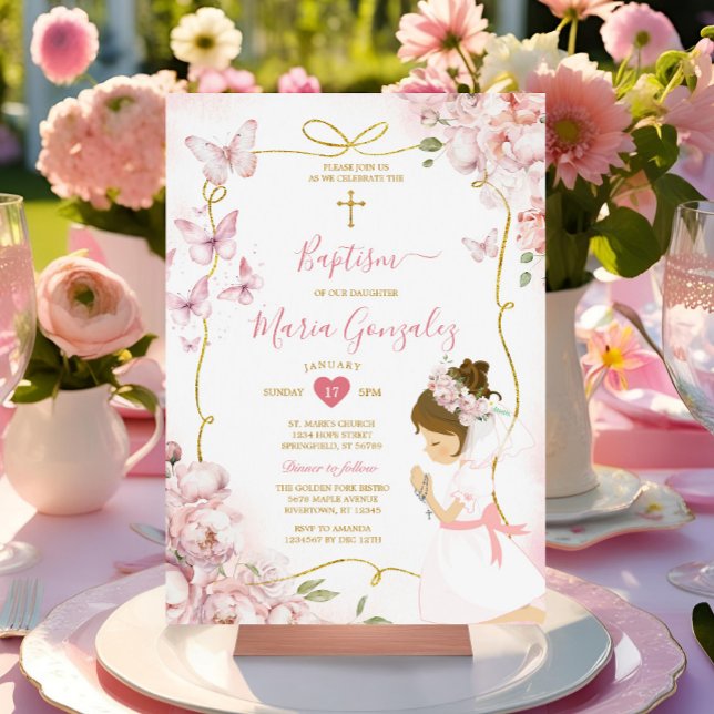 Rosa Schmetterling Blumenmädchen Gebet Gold Taufe Einladung (Von Creator hochgeladen)