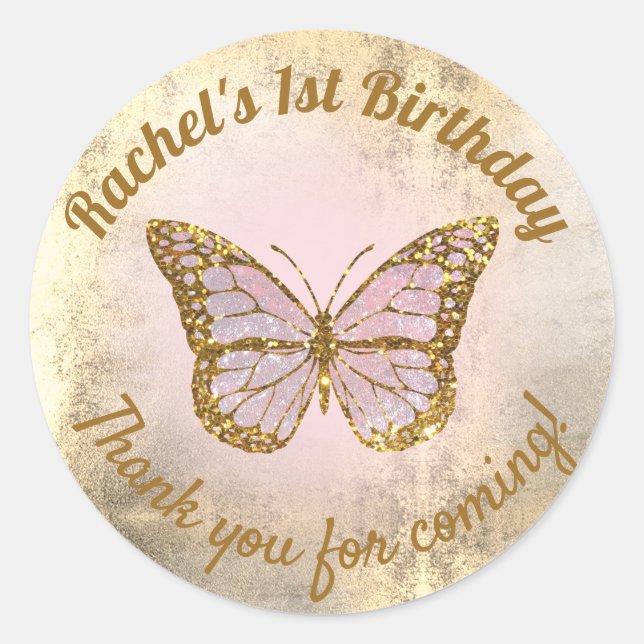 Rosa Schmetterling danke für das Kommen Runder Aufkleber (Vorderseite)