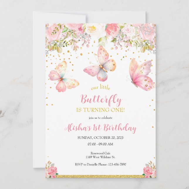 Rosa Schmetterling Einladung zum 1. Geburtstag (Vorderseite)