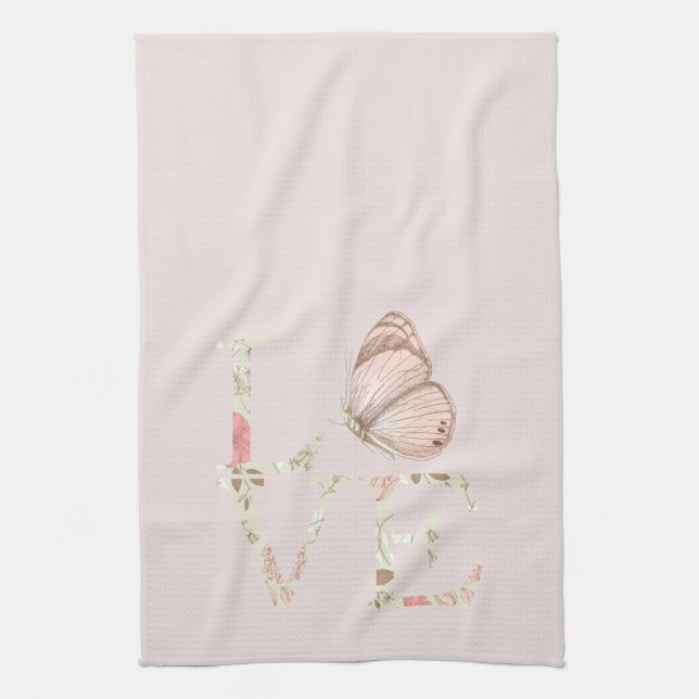 Rosa Schmetterling Floral Liebe Geschirrtuch (Vertikal)