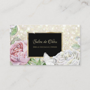 Rosa-Schmetterling-Glitzer Schwarz-Gold-Script Visitenkarte