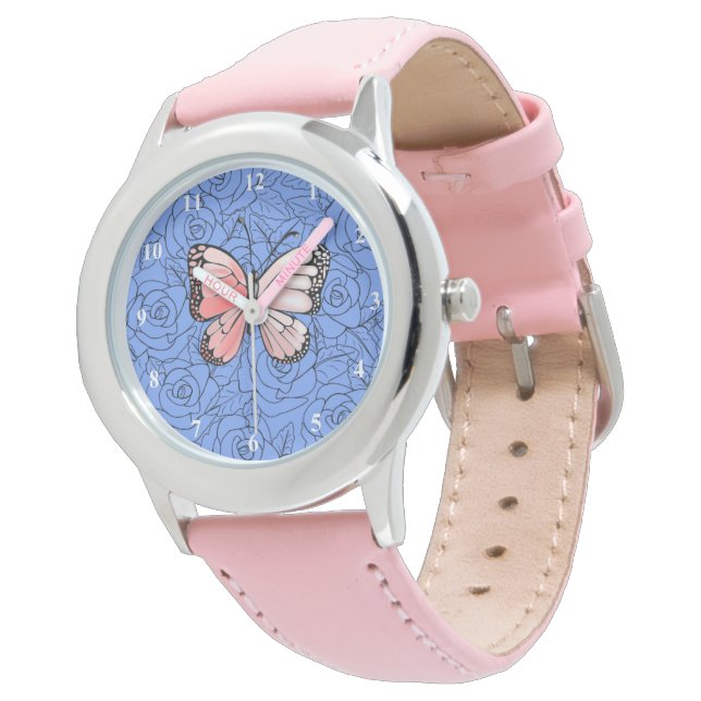Rosa Schmetterling in Rose Schenken Armbanduhr (Schrägansicht)