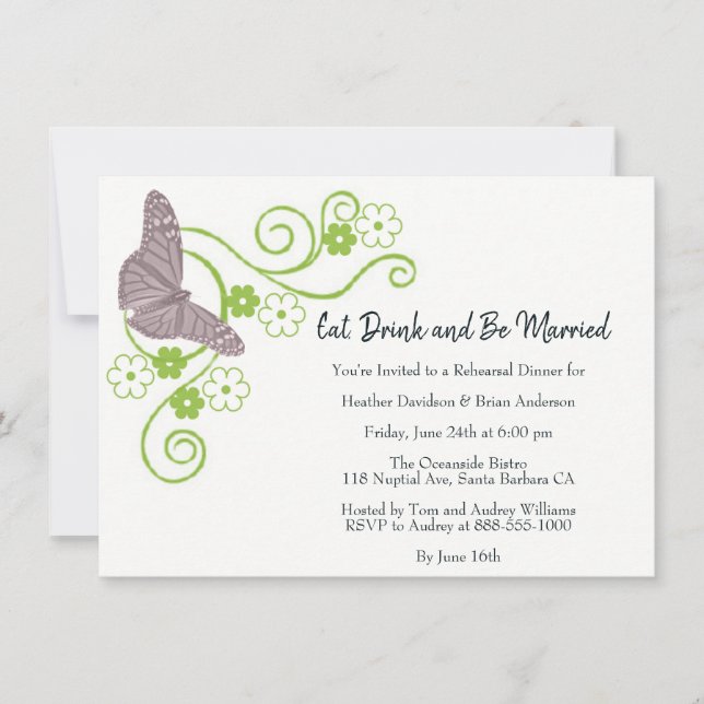 Rosa Schmetterling Probe Dinner einladen Einladung (Vorderseite)