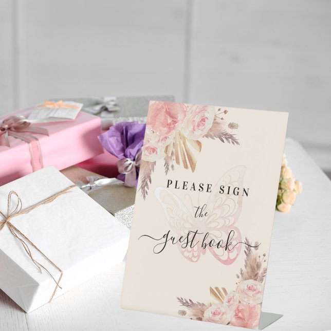 Rosa Schmetterling Rose Beige Pampas Gästebuch Sockelschild (Von Creator hochgeladen)