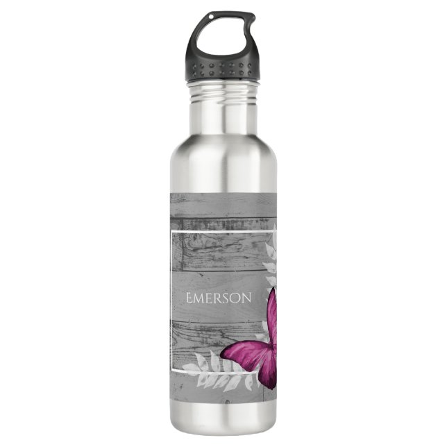 Rosa Schmetterling Rustikale Personalisiert Edelstahlflasche (Vorderseite)