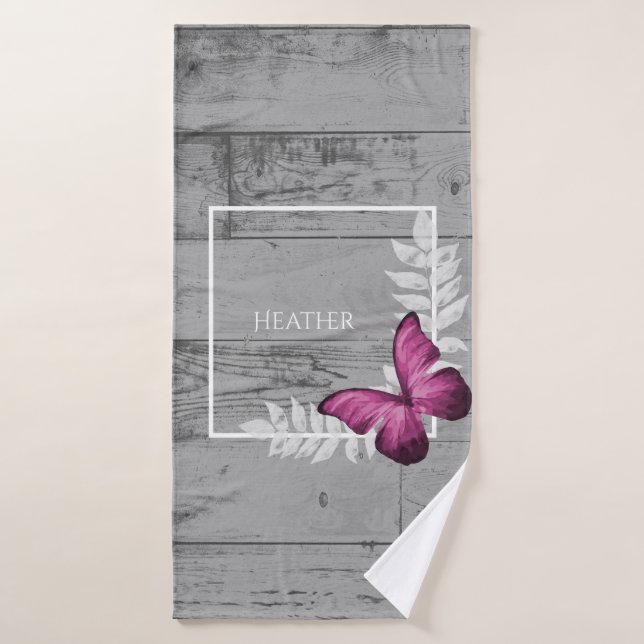 Rosa Schmetterling Rustikales Personalisiertes Bad Badhandtuch Set (Badehandtuch)