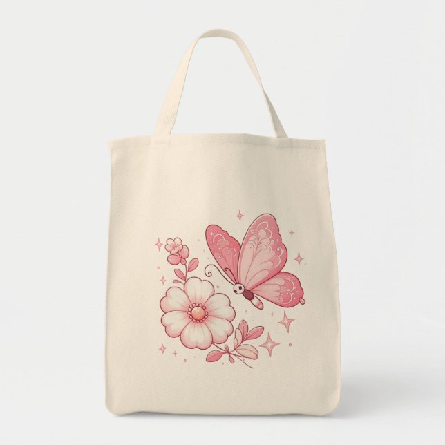 Rosa Schmetterling und Blume Tragetasche (Vorne)
