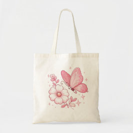 Rosa Schmetterling und Blume Tragetasche