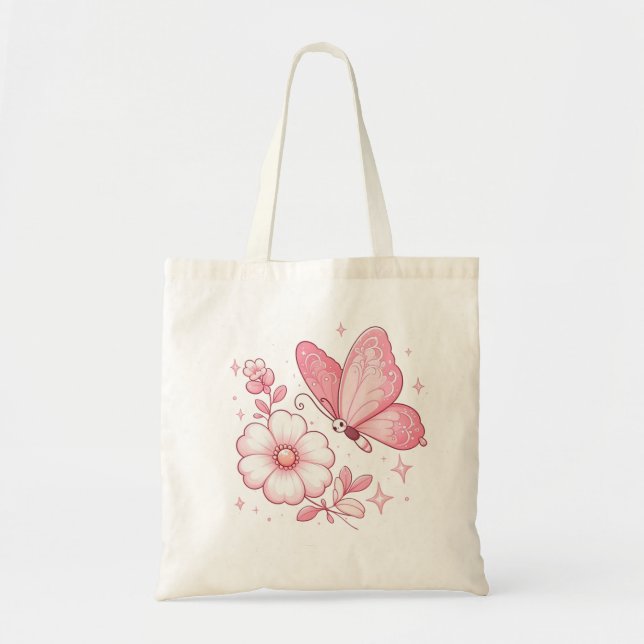 Rosa Schmetterling und Blume Tragetasche (Vorne)