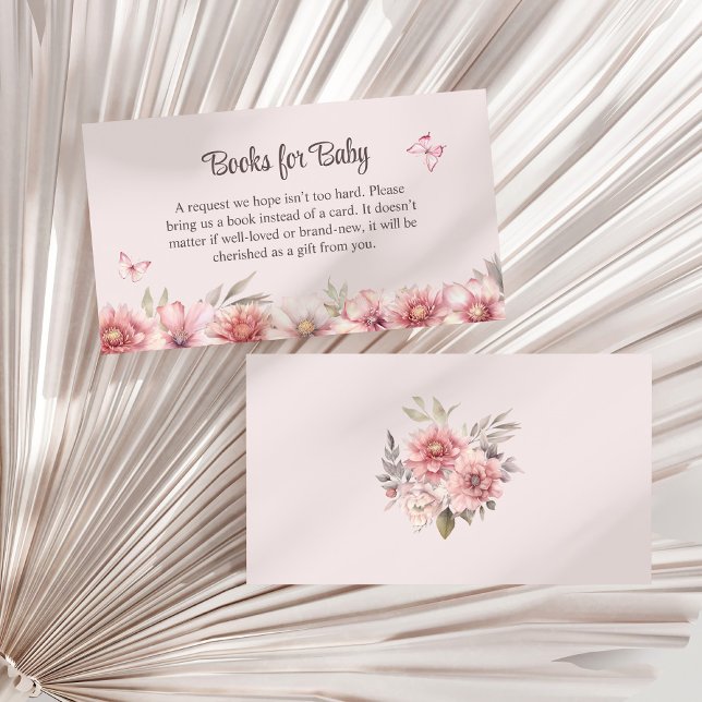 Rosa Schmetterling und Blumengarten Bücher für Bab Begleitkarte (Pink Butterfly and Flower Garden Books for Baby Enclosure Card on a white dry palm leaf.)