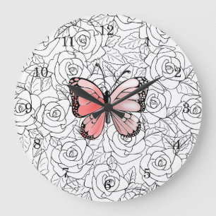 Rosa Schmetterling und Rose Art - Große Wanduhr