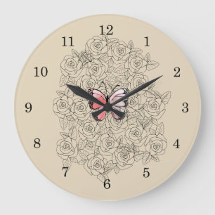 Rosa Schmetterling und Rose Art Große Wanduhr