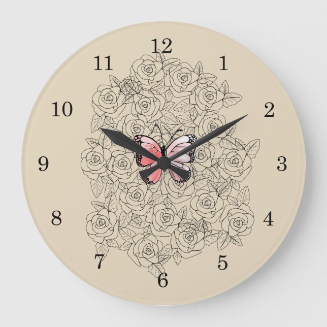 Rosa Schmetterling und Rose Art Große Wanduhr (Vorderseite)