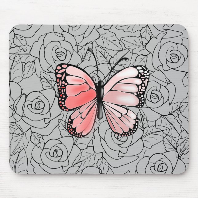 Rosa Schmetterling und Rose Art Mousepad (Vorne)