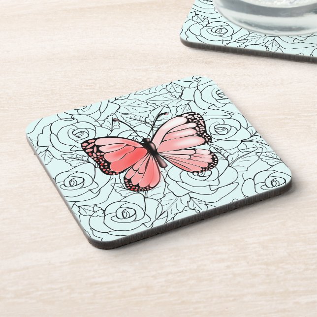 Rosa Schmetterling und Rose Getränkeverpackung Getränkeuntersetzer (Linke Seite)