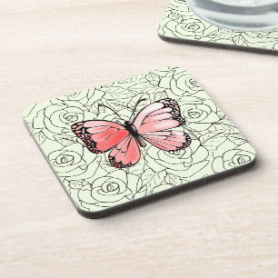 Rosa Schmetterling und Rose Kunst - Farbe wählen Getränkeuntersetzer