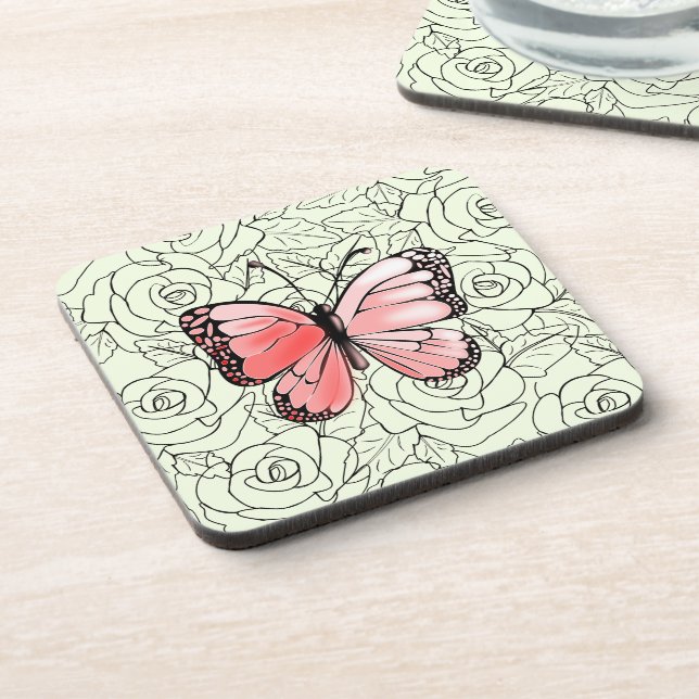 Rosa Schmetterling und Rose Kunst - Farbe wählen Getränkeuntersetzer (Linke Seite)
