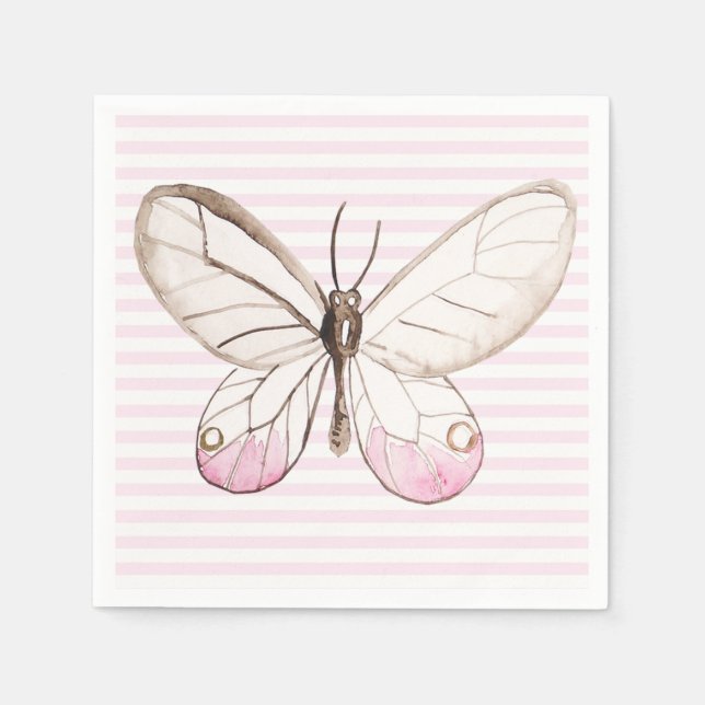 Rosa Schmetterling und Streifen Papier Napkins Serviette (Vorderseite)