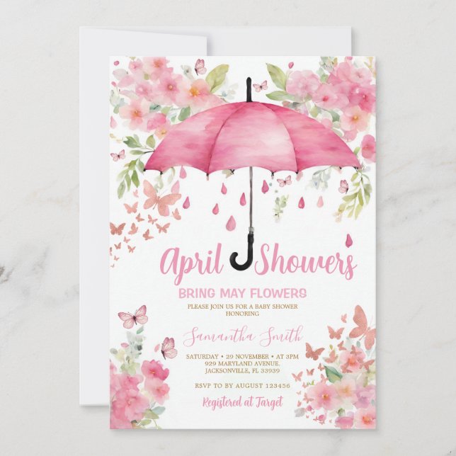 Rosa Schmetterlinge April Duschen bringen Mai Blum Einladung (Vorderseite)