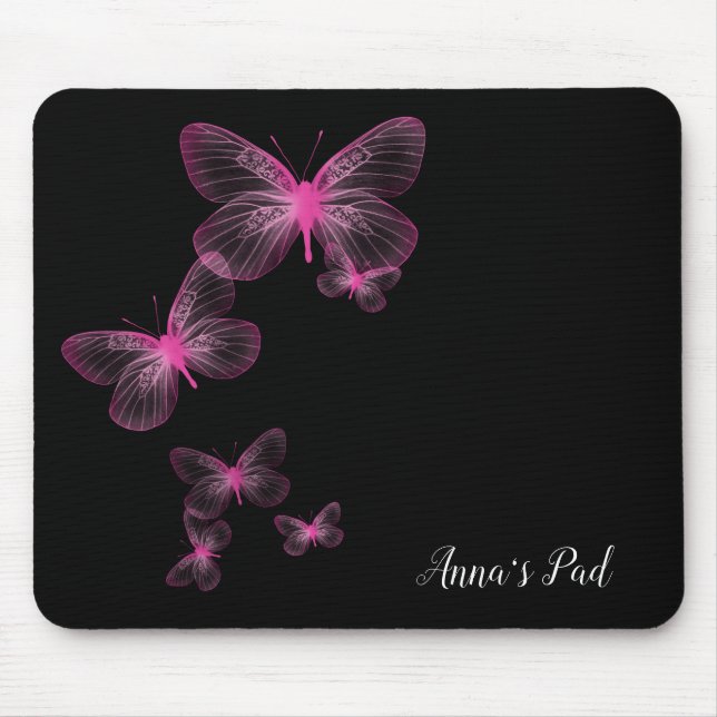 Rosa Schmetterlinge auf der schwarzen Maus Pad Mousepad (Vorne)