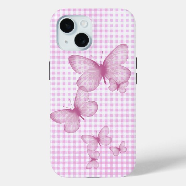 Rosa Schmetterlinge auf Gingham Case-Mate iPhone Hülle (Rückseite)
