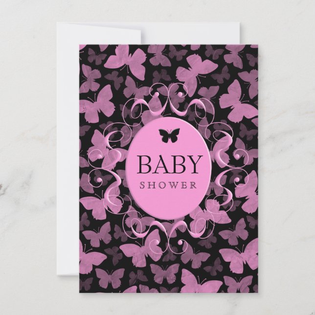 Rosa Schmetterlinge auf Schwarz Einladung (Vorderseite)