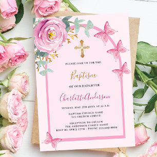 Rosa Schmetterlinge Blumen Grünzeug Bogen Taufe Einladung