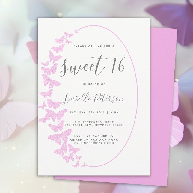 Rosa Schmetterlinge Boho Rahmen Eleganter Chic Swe Einladung (pink butterflies boho frame sweet 16 birthday party invitation sweet sixteen elegant trendy simple)