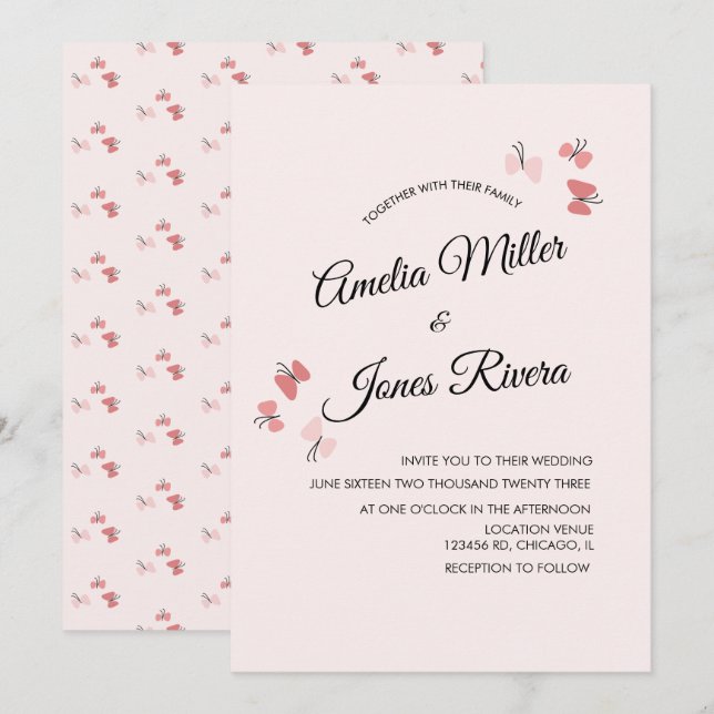 Rosa Schmetterlinge Garten Romantische Hochzeit Einladung (Vorne/Hinten)
