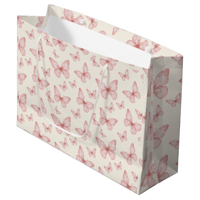 Rosa Schmetterlinge in Creme Große Geschenktüte (Vorderseite Schrägansicht)
