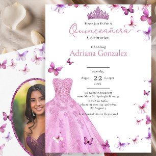 Rosa Schmetterlinge Kleid und Tiara Foto Quinceane Einladung