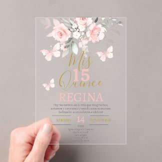 Rosa Schmetterlinge Quinceañera Acryleinladungen