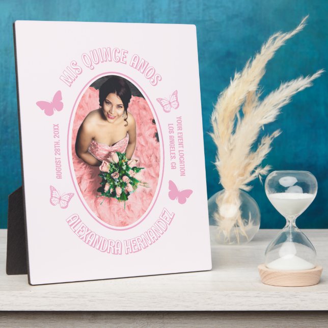 Rosa Schmetterlinge Quinceanera Fotoplatte (Seite)