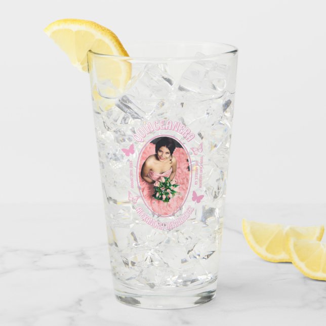 Rosa Schmetterlinge Quinceanera Glas (Vorderseite Ice)