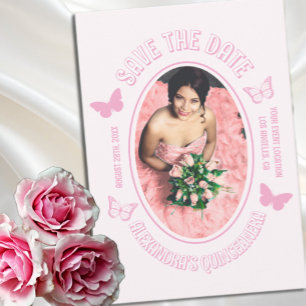 Rosa Schmetterlinge Quinceanera Save The Date
