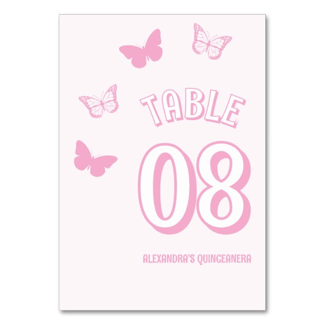 Rosa Schmetterlinge Quinceanera Tischnummer (Vorderseite)