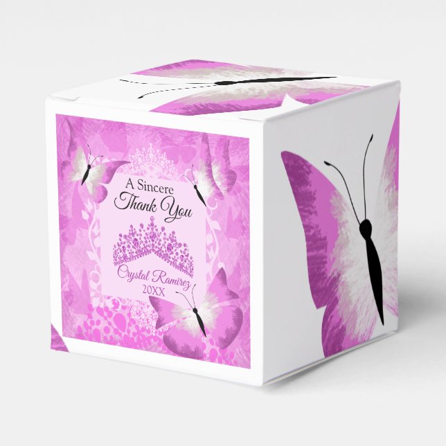 Rosa Schmetterlinge, Tiara Quinceanera Geschenkschachtel (Vorderseite)