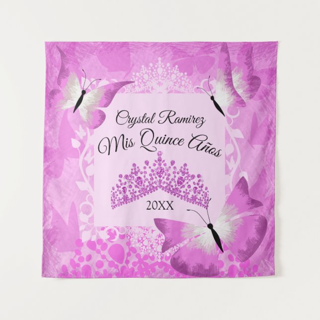 Rosa Schmetterlinge, Tiara Quinceanera Wall Drain Wandteppich (Vorderseite)