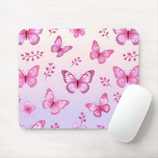 Rosa Schmetterlinge und Blumenmuster Mousepad (Mit Mouse)