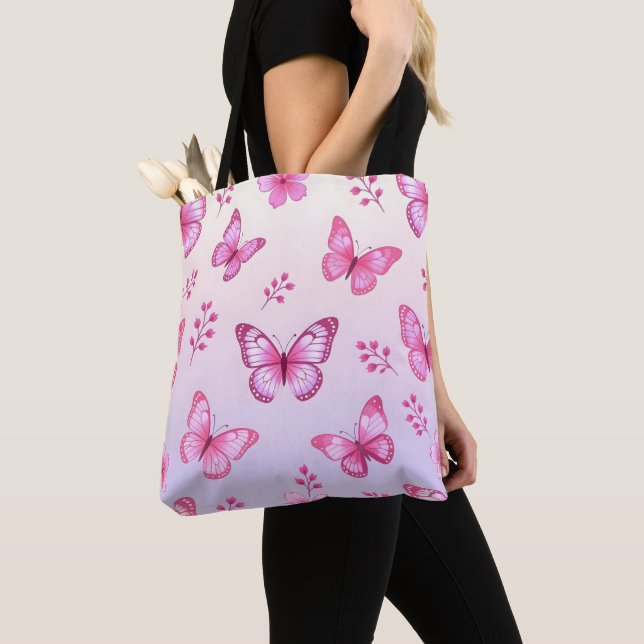 Rosa Schmetterlinge und Blumenmuster Tasche (Von Nahem)