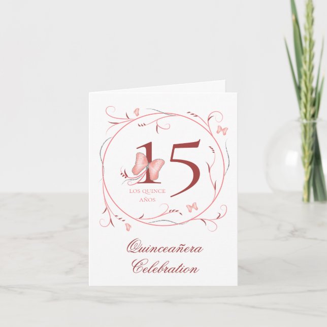 Rosa Schmetterlinge und Wirbel Quinceañera Einladung (Vorderseite)