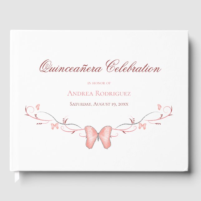Rosa Schmetterlinge und Wirbel Quinceañera Gästebuch (Vorderseite)