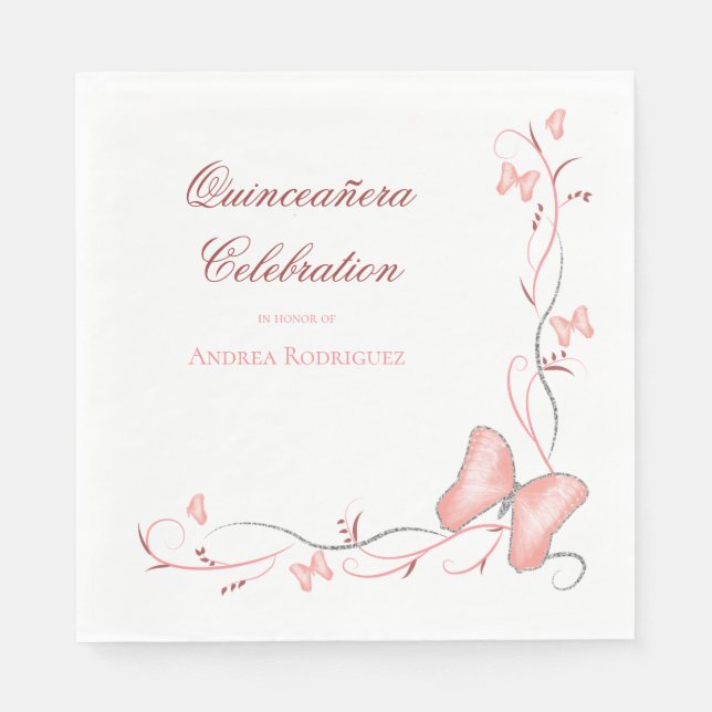 Rosa Schmetterlinge und Wirbel Quinceañera Serviette (Vorderseite)