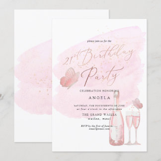 Rosa Schmetterlinge Watercolor Champagne 21 JAHR Einladung