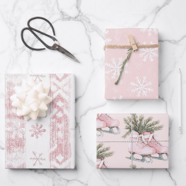 Rosa Schneeflocken Ice Skate Weihnachten Geschenkpapier Set (Vorderseite)