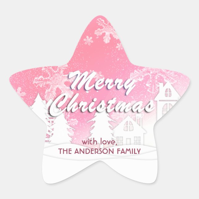 Rosa Schneeflocken im Weißen Haus Weihnachten Glüc Stern-Aufkleber (Vorderseite)