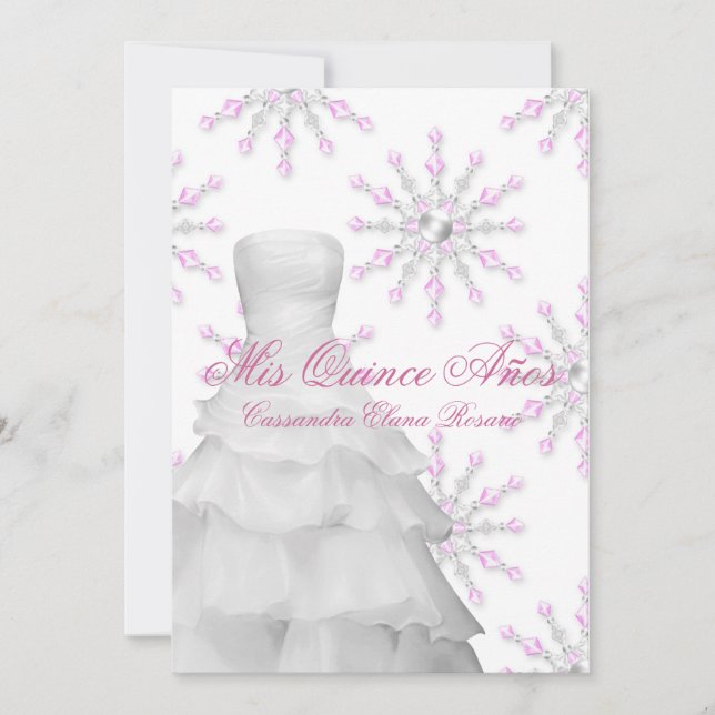Rosa Schneeflocken Rosa Weiße Quinceanera Einladung (Vorderseite)