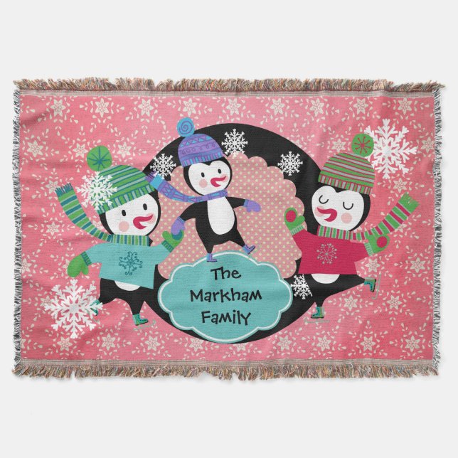 Rosa Schneeflocken und Docht Pinguine Holiday Thro Decke (Vorderseite)