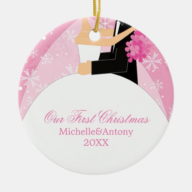 Rosa Schneeflocken "Unser erstes Weihnachten" Keramik Ornament (Vorne)